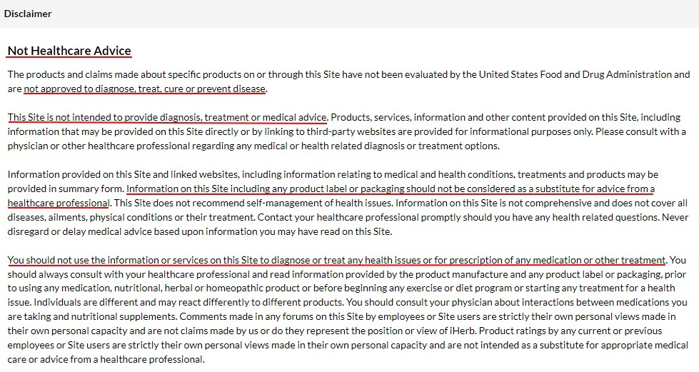 iHerb Medical Disclaimer - Highlighted