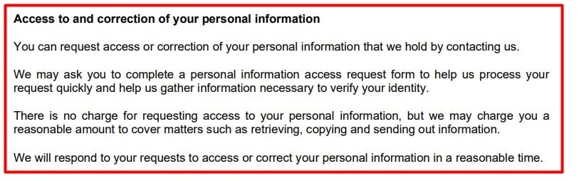 Insurance Australia Group Privacy Policy: Access to and Correction of your Personal Information clause