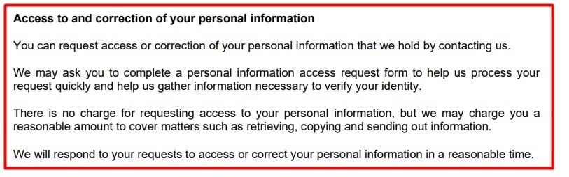Insurance Australia Group Privacy Policy: Access to and Correction of your Personal Information clause