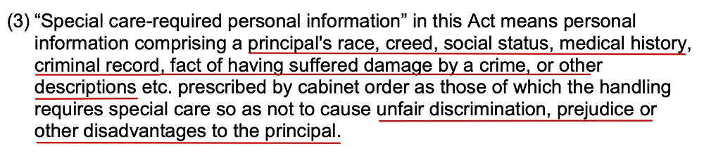 Japan Personal Information Protection Commission: Amended APPI - Article 2 Section 3 - Definition of Special care-required personal information