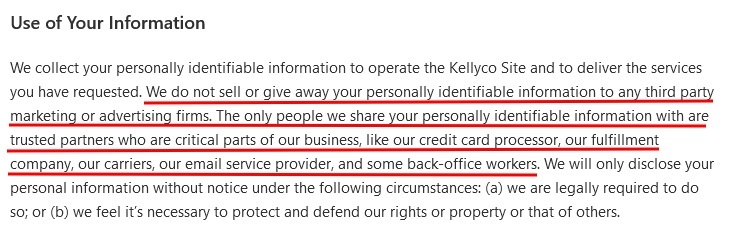 Kellyco Privacy Policy: Use of Your Information clause