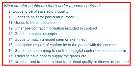 Legislation Gov UK: Consumer Rights Act - Table of contents - Statutory rights under a goods contract section