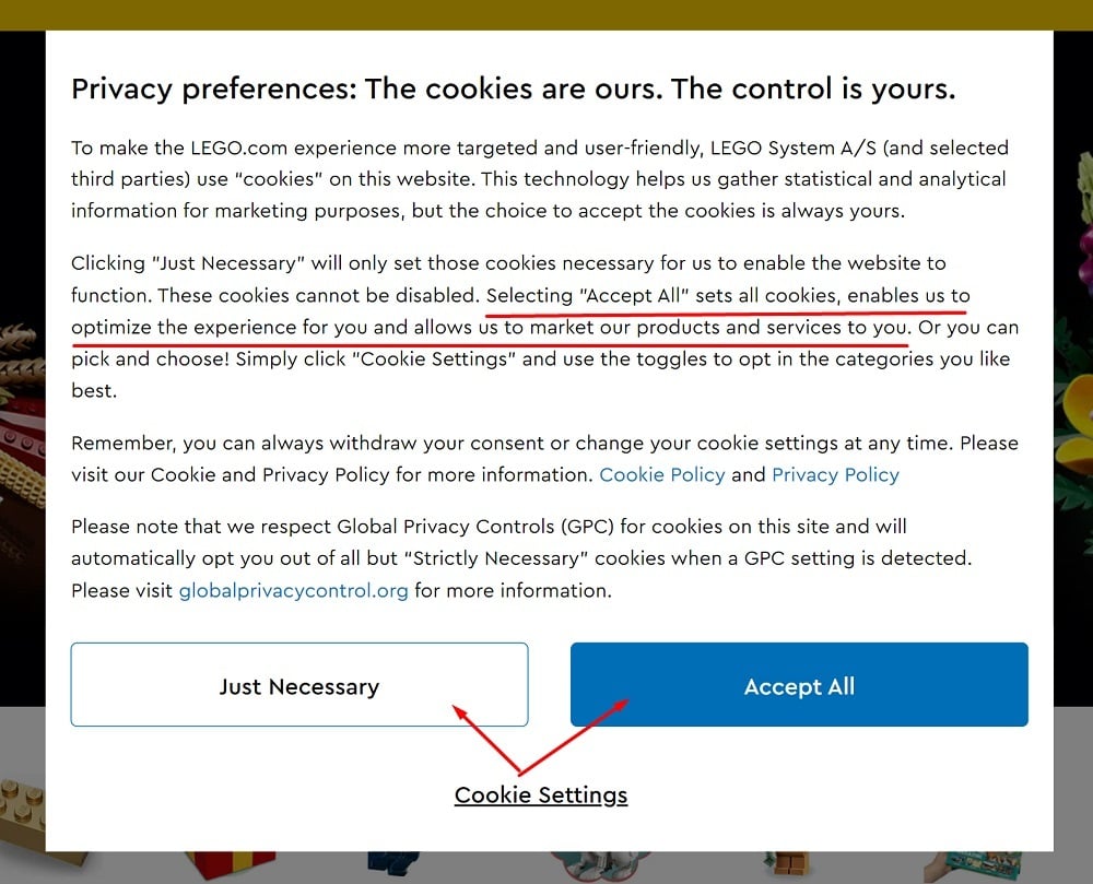 Lego Privacy Preferences: Cookie consent notice