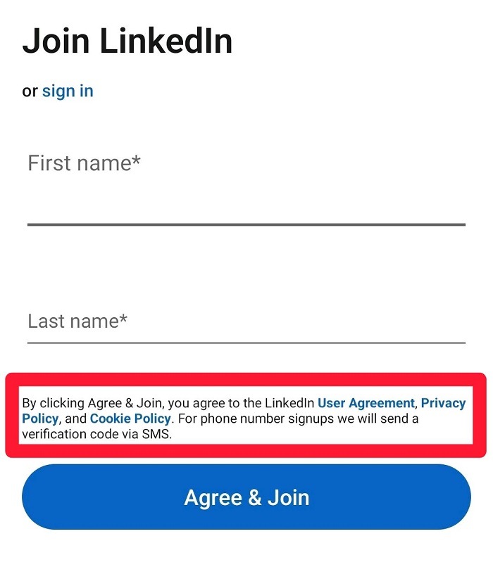 LinkedIn Sign-up form with Agree and Join button and statement highlighted