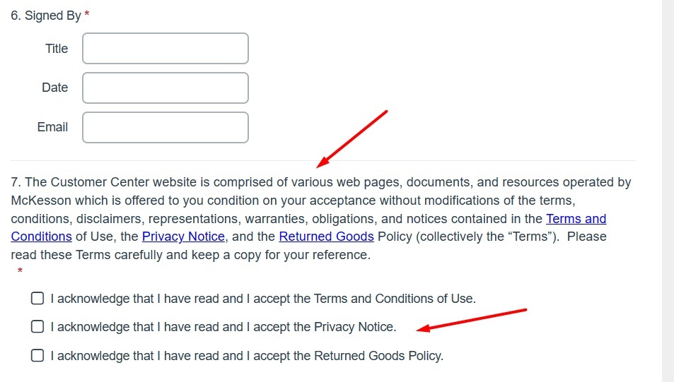 McKesson Customer Center Registration Form with Privacy Notice links highlighted