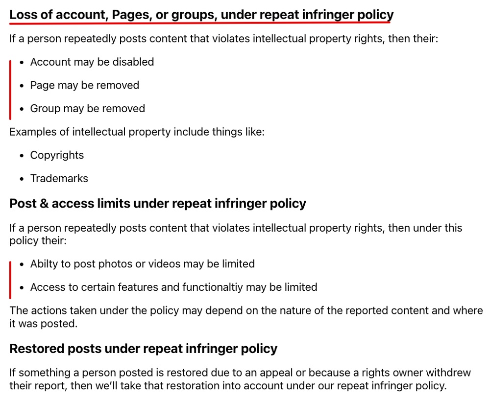 Meta Repeated Intellectual Property Infringer Policy excerpt