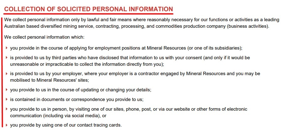 Mineral Resources Privacy Policy: Collection of Solicited Personal Information clause