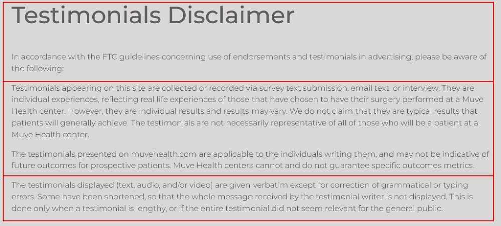 Muve Health Center Testimonials Disclaimer
