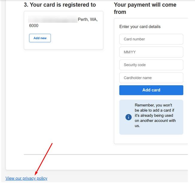 Naked Wines checkout form with Privacy Policy link highlighted