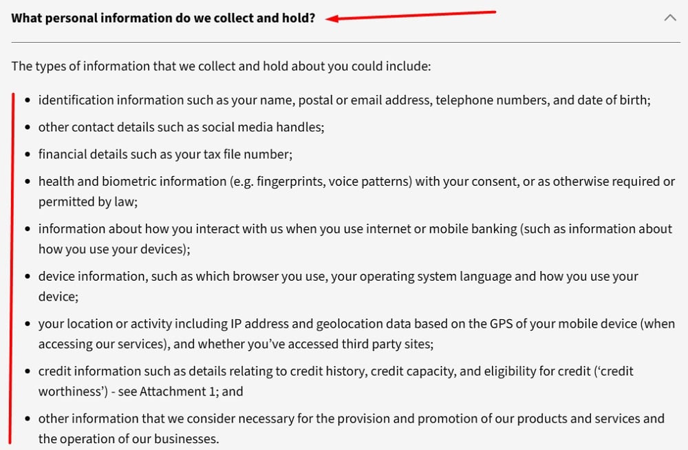 National Australia Bank Privacy Policy: What personal information do we collect and hold clause