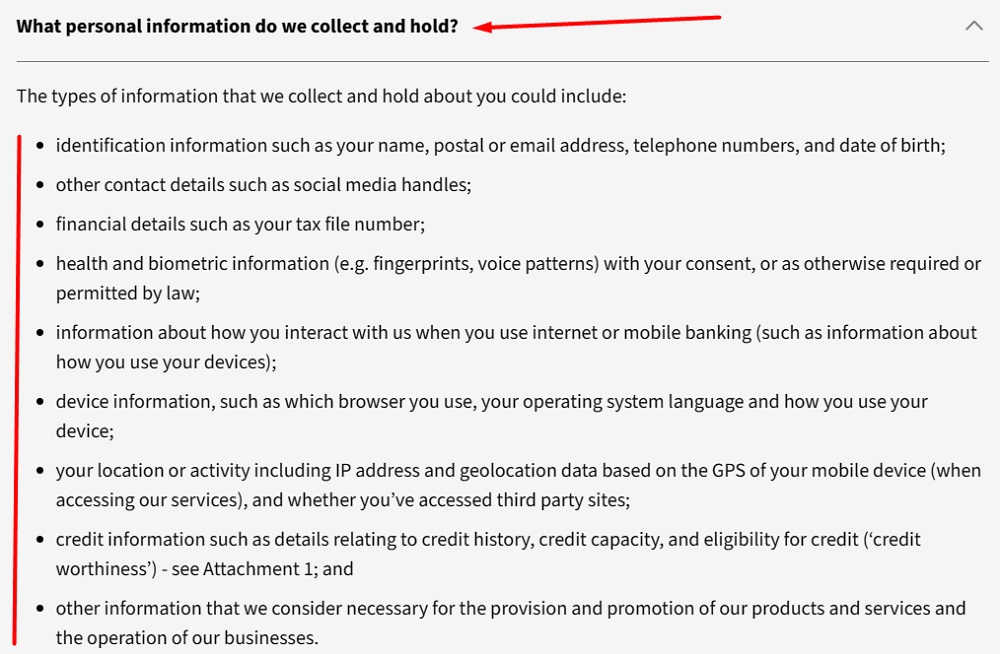 National Australia Bank Privacy Policy: What personal information do we collect and hold clause