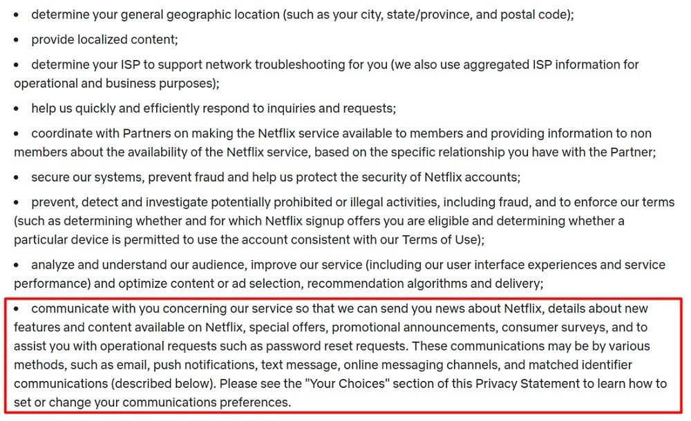 Netflix Privacy Policy: How we use information clause - Offers and promos section highlighted