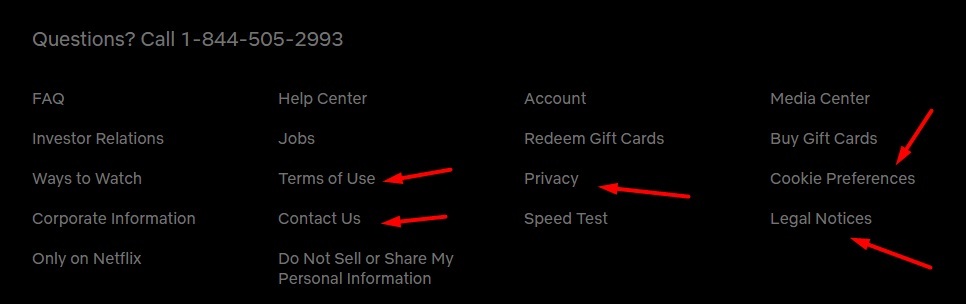 Netflix website footer with multiple legal agreement links highlighted
