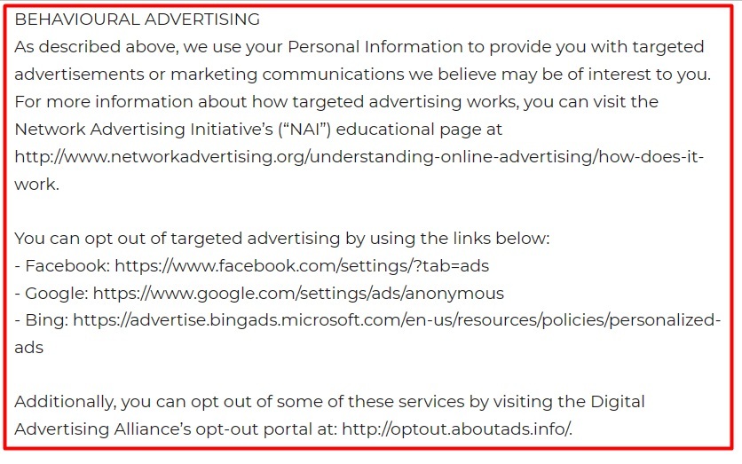 Nolia Jewelry Privacy Policy: Behavioural Advertising clause