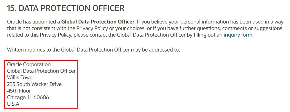 Oracle Privacy Policy: Data Protection Officer clause