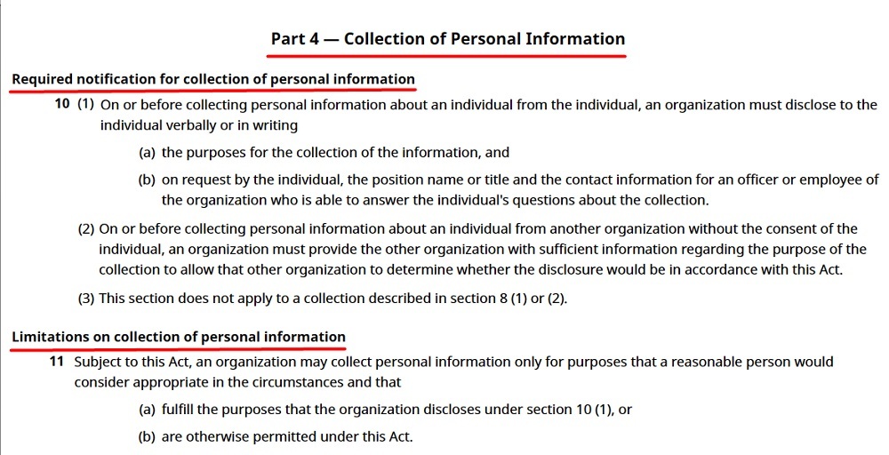 PIPA text Part 4: Collection of Personal Information excerpt