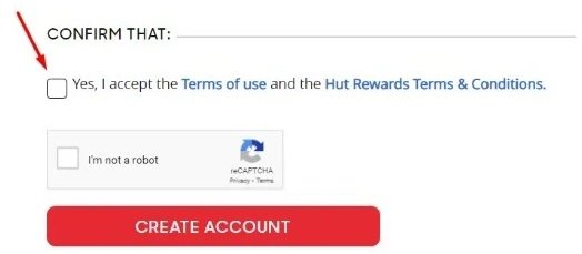 Pizza Hut Create Account form with Accept Terms checkbox highlighted - Version 2