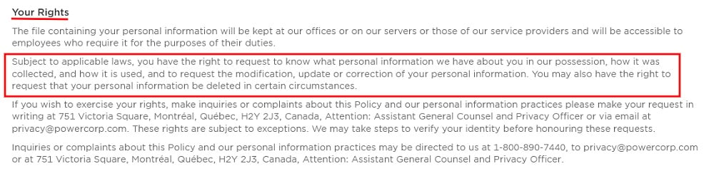 Power Corporation of Canada Privacy Policy: Your Rights clause