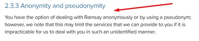 Ramsay Health Care Australia Privacy Policy: Anonymity and Pseudonymity clause