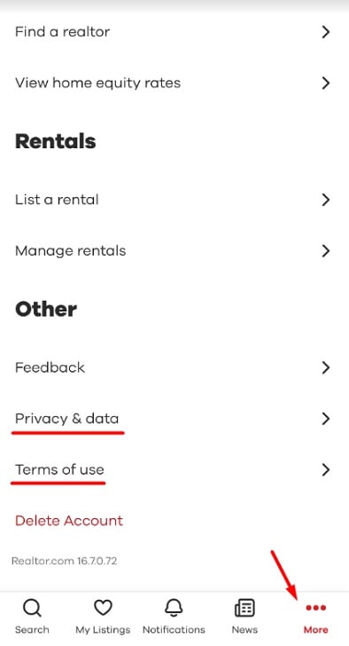 Realtor mobile app: More menu - Privacy and Data and Terms of Use links highlighted