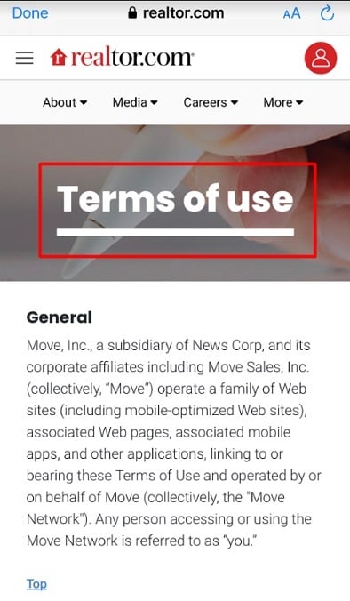 Realtor mobile app: Terms of Use intro