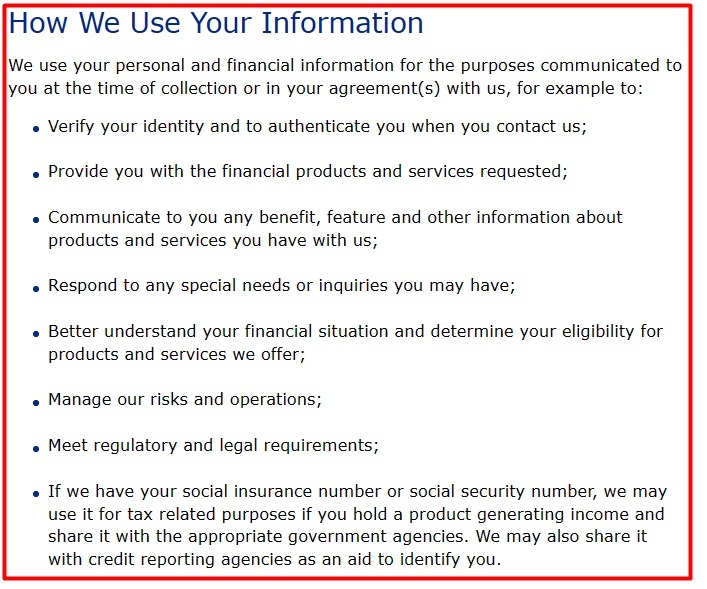 Royal Bank of Canada Privacy Principles: How We Use Your Information section