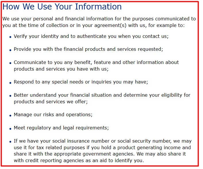 Royal Bank of Canada Privacy Principles: How We Use Your Information section