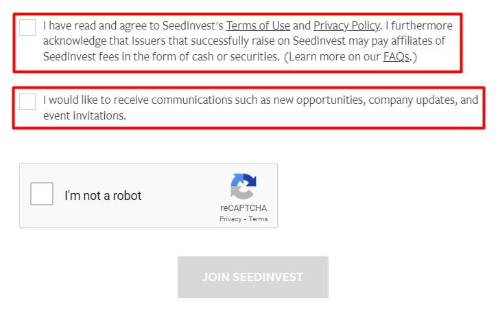 SeedInvest sign-up form with consent checkboxes highlighted