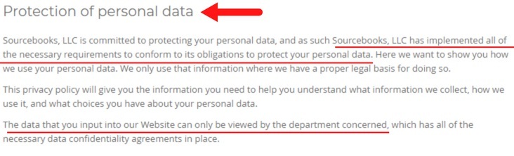 Sourcebooks Privacy Policy: Protection of personal data clause