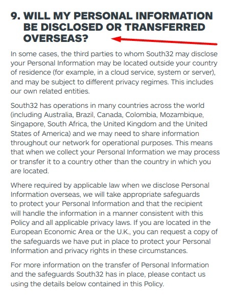 South32 Privacy Policy: Will my Personal Information be Disclosed or Transferred Overseas clause