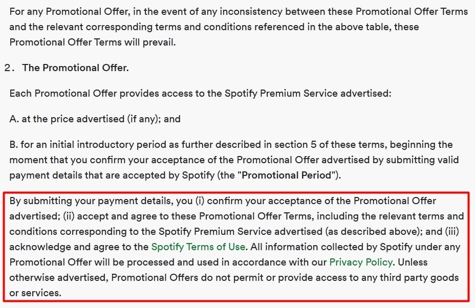 Spotify Premium Promotional Offer Terms excerpt