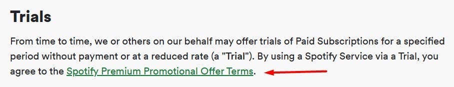Spotify Terms and Conditions: Trials clause