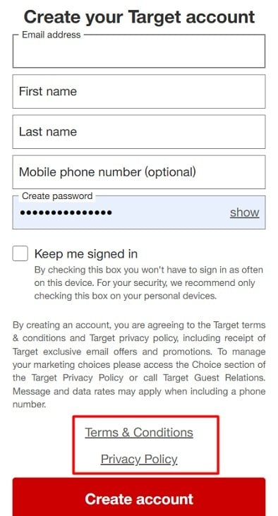 Target Create Account form with Terms and Conditions and Privacy Policy links highlighted