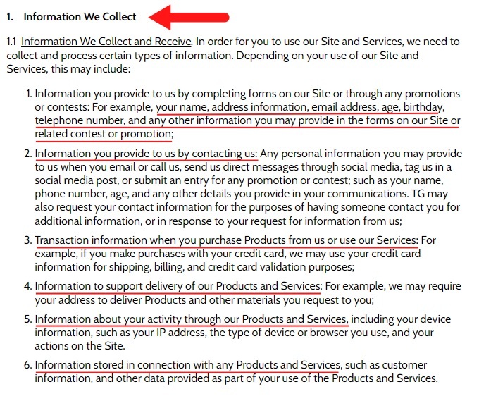Toppling Goliath Brewing Company Privacy Policy: Information we collect clause