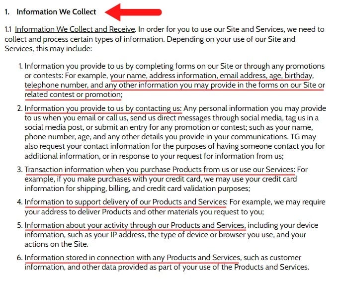 Toppling Goliath Brewing Company Privacy Policy: Information we collect clause