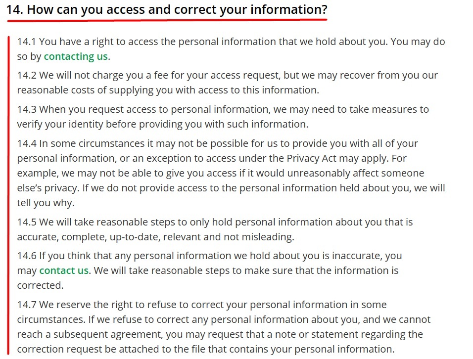 Transurban Privacy Policy: How can you access and correct your information clause