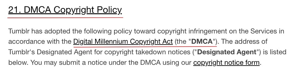 Tumblr Terms of Service: DMCA Copyright Policy clause