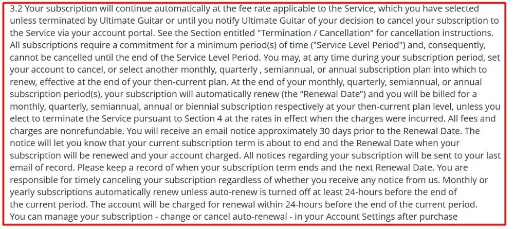 Ultimate Guitar app Terms of Service: Service fees clause