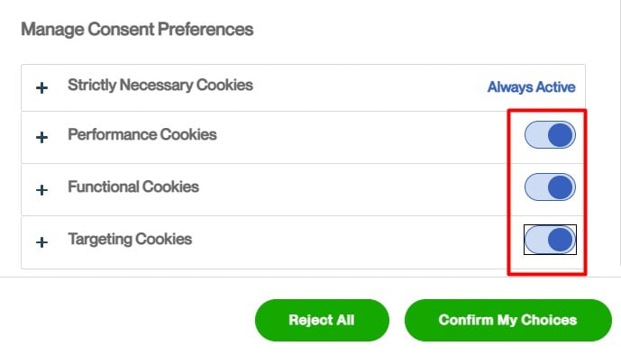 Upwork cookie consent preferences center with toggle buttons highlighted