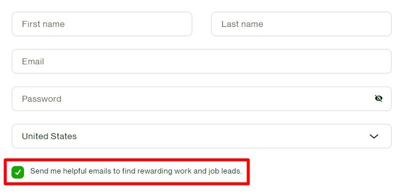 Upwork Sign-up form with pre-ticked checkbox highlighted