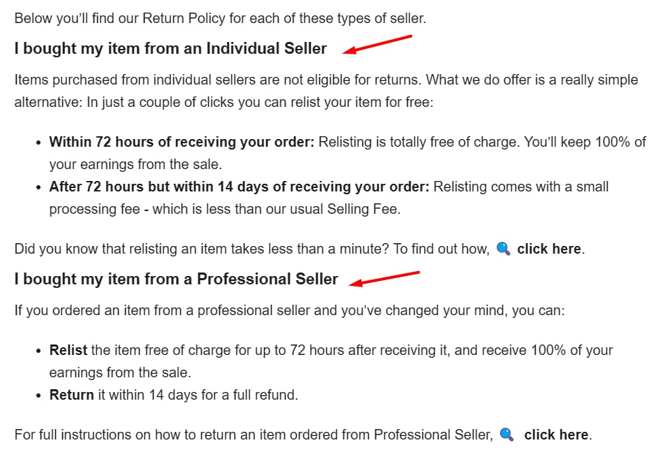 Vestiaire Collective Return Policy: Individual Seller and Professional Seller sections