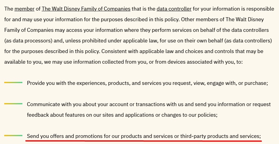 Walt Disney Privacy Policy: Use of Your Information clause - Offers and promotions section highlighted