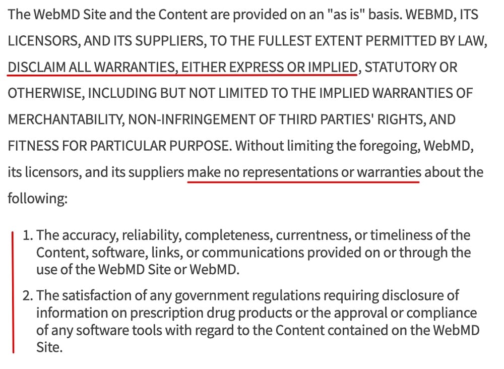 WebMD Terms and Conditions of Use: Warranty disclaimer and limitation of liability clause