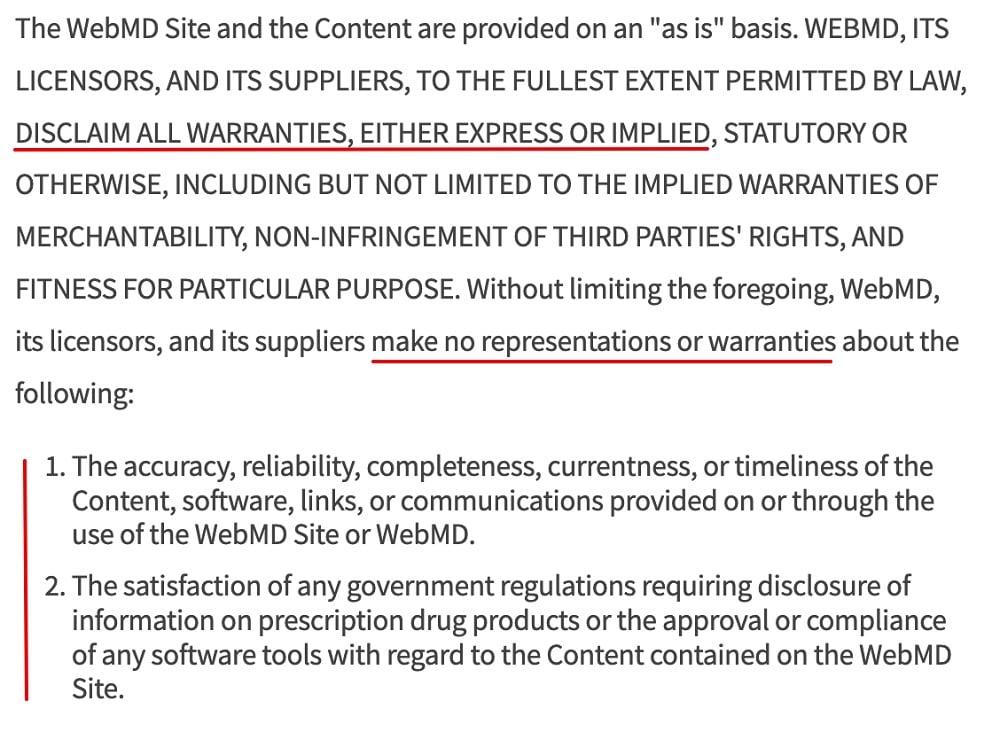WebMD Terms and Conditions of Use: Warranty disclaimer and limitation of liability clause