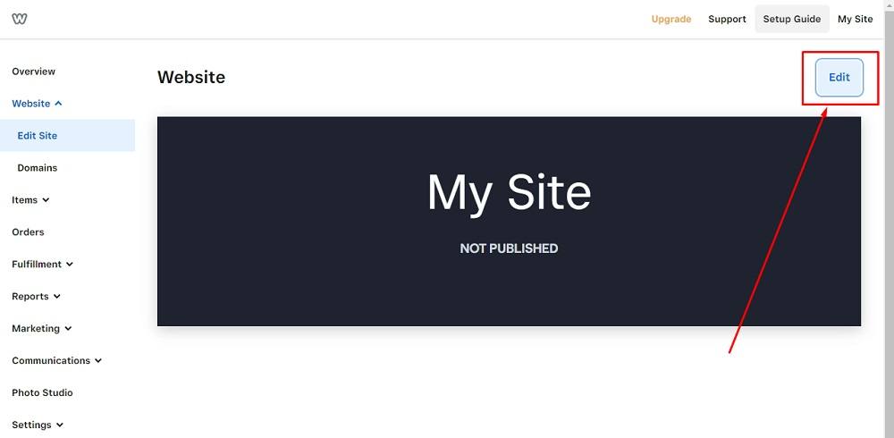 Weebly Dashboard: Website - Edit Site with Edit option highlighted