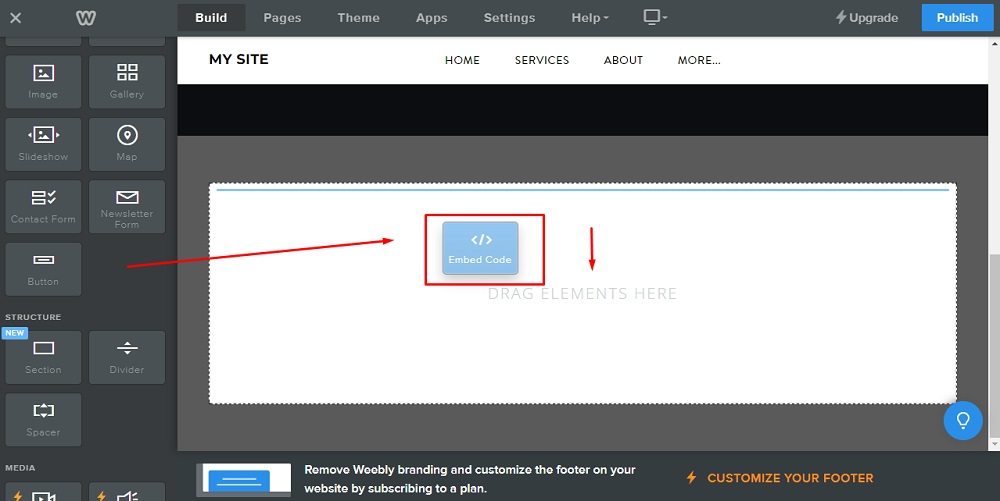 Weebly Website Builder: Page editor - Build - Basic elements - Embed code dragged to page highlighted