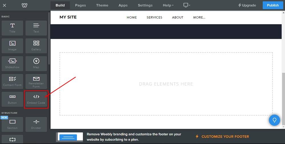 Weebly Website Builder: Page editor - Build - Basic elements - Embed code highlighted