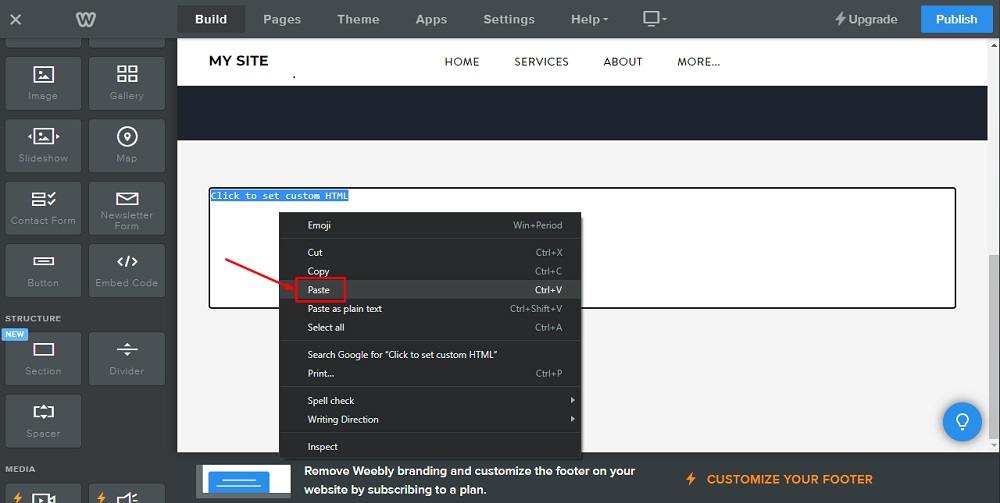 Weebly Website Builder: Page editor - Embed code - Edit custom HTML field - Paste option highlighted