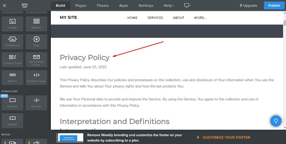 Weebly Website Builder: Page editor - The Privacy Policy HTML content added highlighted