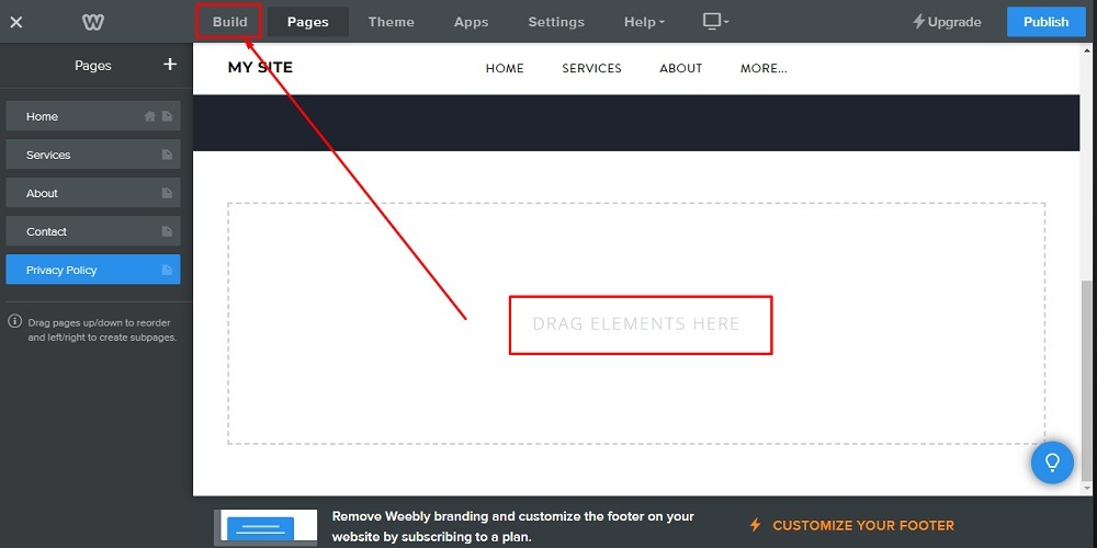 Weebly Website Builder: Page editor - The Privacy Policy title added and to drag elements on the page go to Build option in the header menu  highlighted